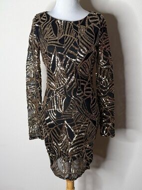 Banjul Gold Sequin Art Deco Pattern Mini Dress